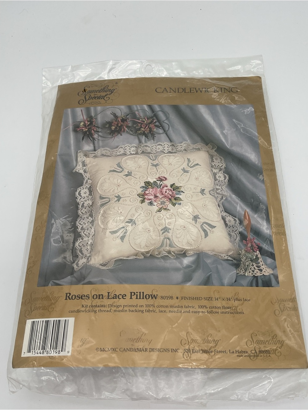 New sealed Candlewicking Roses on Lace Pillow Kit - Cream with Pink Roses